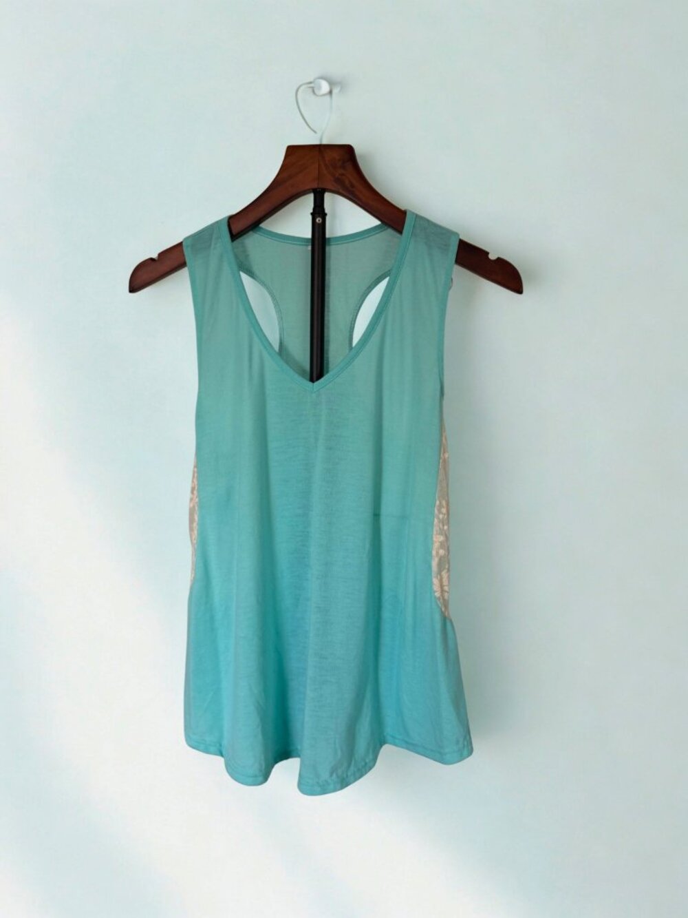 Medium Turquoise Tank Top with Lace Panels Sleeveless Racerback